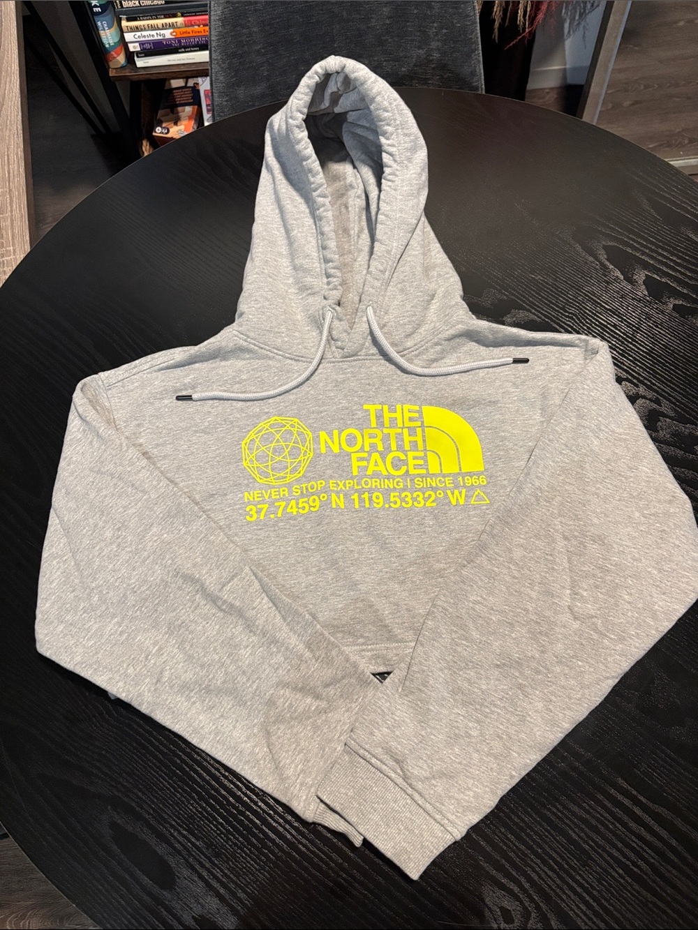 The North Face Women's Light Gray Cropped Hoodie with Neon Yellow Logo US M